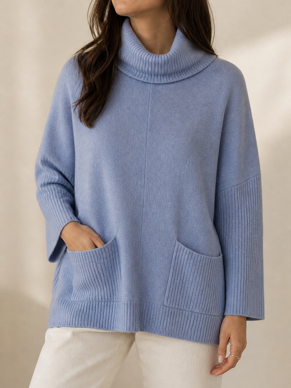 Blue Turtleneck Sweater LOFT Oversized Cozy Knit Pocket Detail Soft Layering